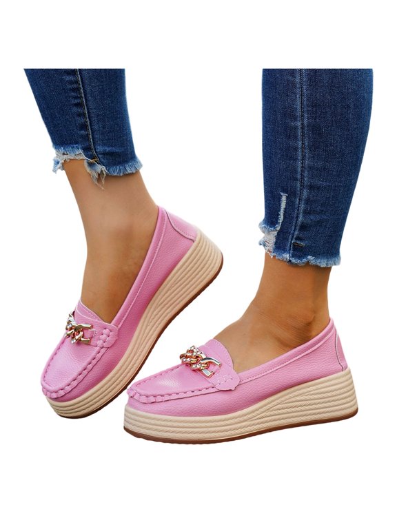 Women's Platform Wedge Loafers with Metal Rhinestone Chain Casual Non Slip Business Dress Shoes Pink Size 6