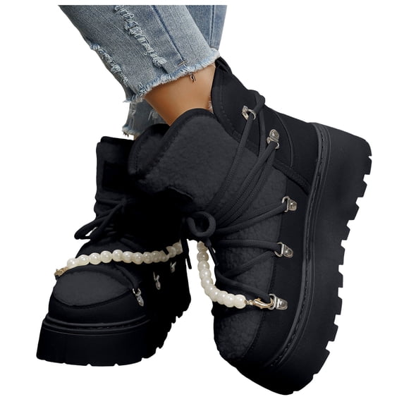 HEWUQI Women's Platform Winter Snow Boots Waterproof Lace up Plush Lined Non Slip Pearl Strap Warm Comfortable Slip on Ankle Booties Black Size 7.5