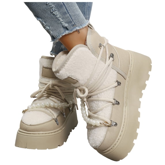 HEWUQI Women's Platform Winter Snow Boots Waterproof Lace up Plush Lined Non Slip Pearl Strap Warm Comfortable Slip on Ankle Booties White Size 8