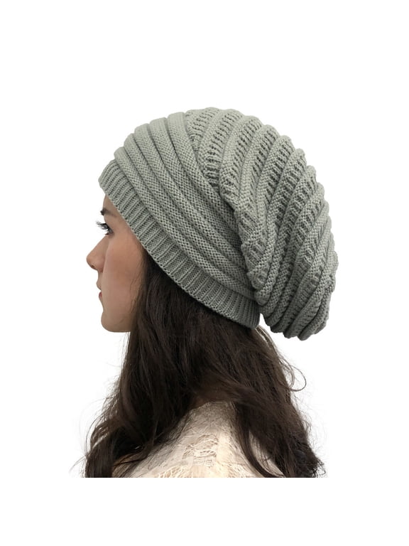 Women's Ribbed Knit Slouchy Beanie Hat Soft Stretchy Warm Skull Cap for Casual Daily Outdoor Fall Winter Gray