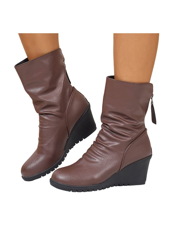 Women’s Ruched Mid Calf Wedge Boots Slouch Back Zipper Leather Weekend Shopping Date Night Travel Booties Brown Size 6