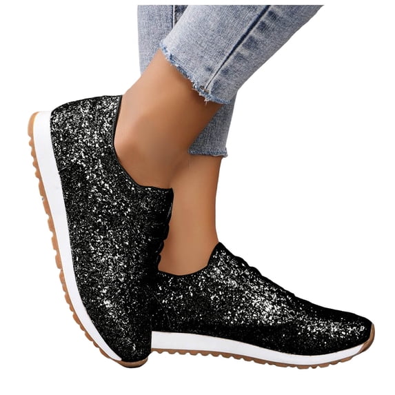 HEWUQI Women's Sequin Fashion Sneakers Wedge Non Slip Casual Lace up Glitter Sport Slip on Breathable Bling Daily Wear Running Shoes Black Size 7