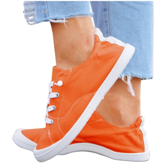 HEWUQI Women's Slip on Canvas Sneakers Low Top Breathable Upper Cushioned Comfortable Walking Shoes for Everyday Walks Errands Casual Orange Size 9