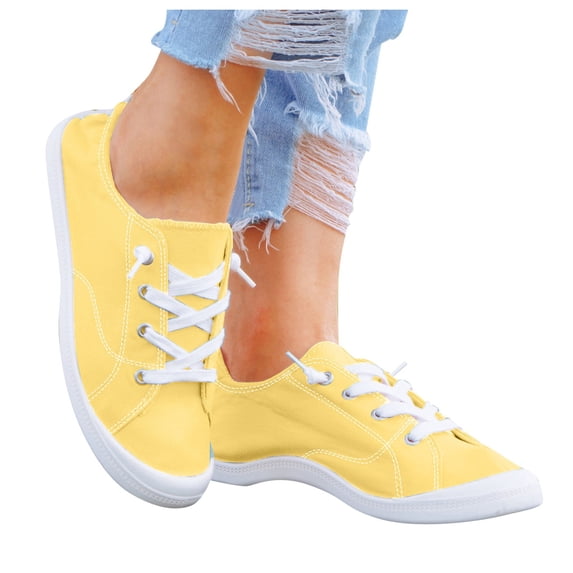 HEWUQI Women's Slip on Canvas Sneakers Low Top Breathable Upper Cushioned Comfortable Walking Shoes for Everyday Walks Errands Casual Yellow Size 9.5