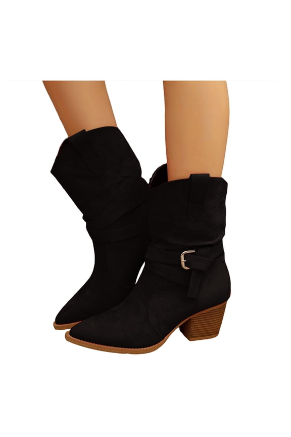 Women's Slouchy Mid Calf Boots Wide Calf Suede Pointed Toe Chunky Block Heels Solid Color Fashion Casual Outdoor Walking Shoes Black Size 5.5