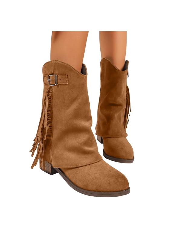 Women's Suede Mid Calf Boots Tassels Fringe Low Chunky Heeled Scrunched Foldover Booties Side Zipper Chunky Platform Shoes Brown Size 6