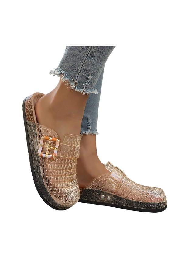 Women's Transparent Crystal Slip on Slides Closed Toe Jelly Stylish Metal Buckle Mules Thick Sole Breathable Hollow out Casual Shoes White Size 6