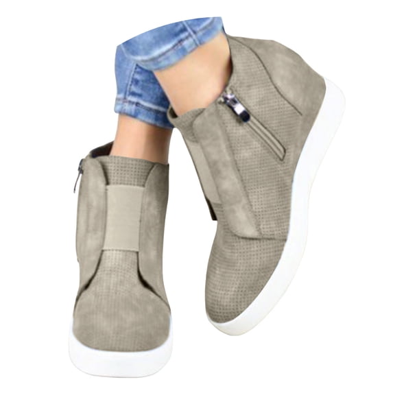HEWUQI Women's Wedge Ankle Booties Elastic Hollow out Side Zipper Slip on Casual Comfortable Short Boots Daily Dress Shoes Khaki Size 10