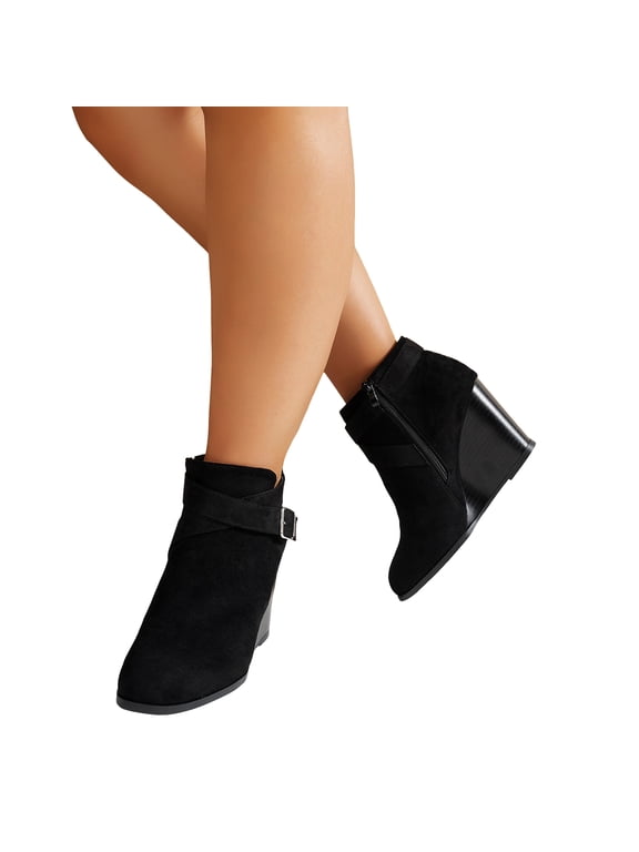 Women's Wedge Ankle Booties Side Zip Shoes with Crisscross Ankle Strap Metal Buckle Detail Dressy Casual Boots for Work Black Size 6