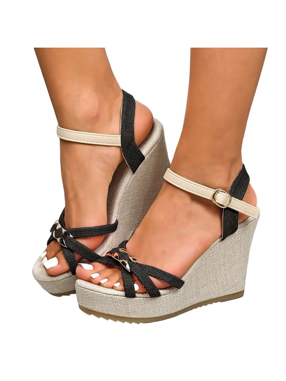 Women's Wedge Sandals Casual Platform Espadrilles Cross Strappy Pumps Comfortable Open Toe Heels Summer Walking Footwear Black Size 9