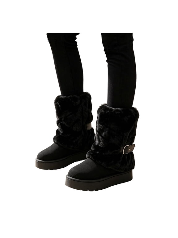 Women’s Winter Snow Boots Convertible Cuff Fuzzy Upper Adjustable Buckle Cozy Warm Casual Outdoor Shoes B-Black Size 6.5