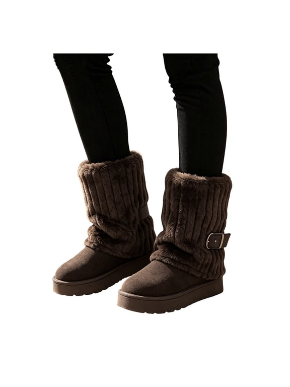 Women’s Winter Snow Boots Convertible Cuff Fuzzy Upper Adjustable Buckle Cozy Warm Casual Outdoor Shoes B-Coffee Size 8.5