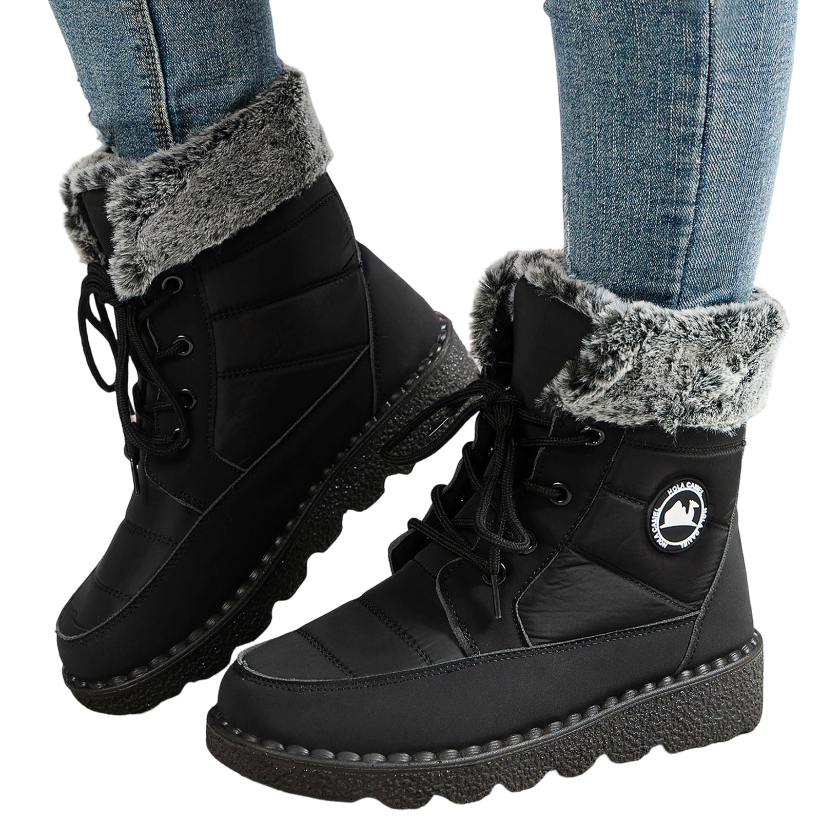 Botas de nieve para mujer con plataforma, puño de pelo, caña media, suela antideslizante, cordones, estilo senderismo, color negro, talla 8