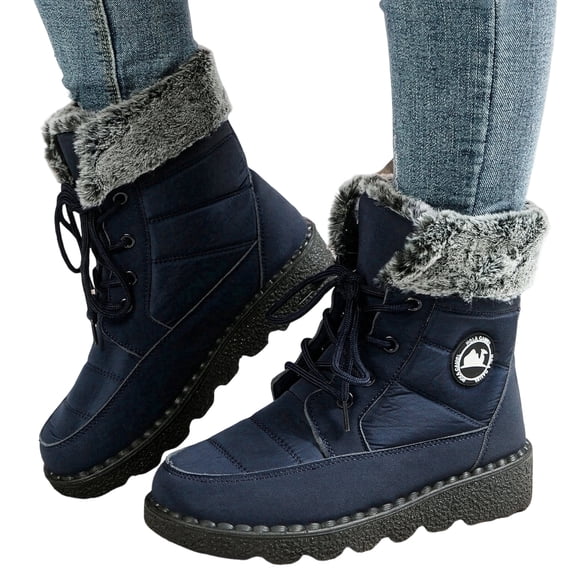 HEWUQI Women's Winter Snow Boots Platform Plush Cuff Mid Calf Boots Waterproof Lug Sole Lace up Hiking Shoes Blue Size 6