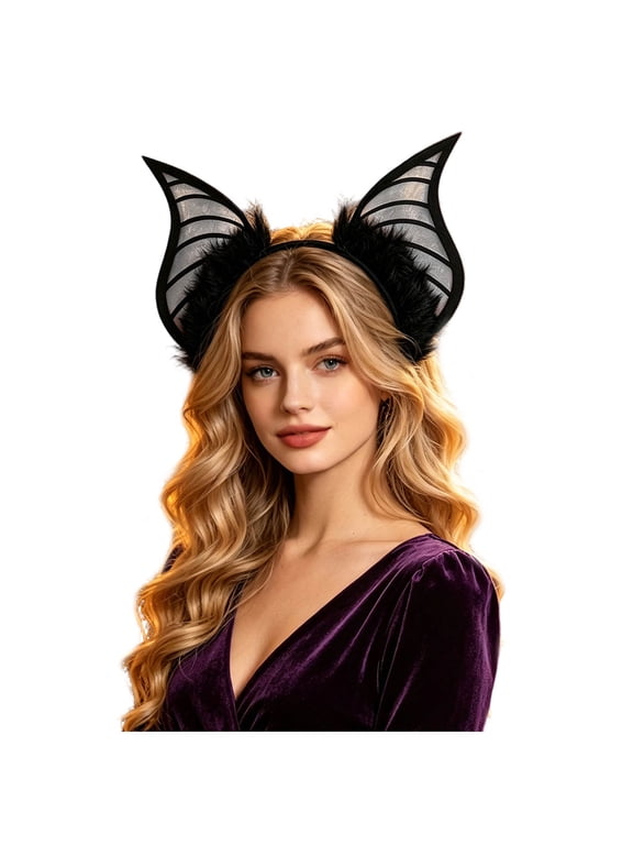 Womens Bat Wing Ear Headband with Furry Trim Sheer Mesh Brim Halloween Costume Party Hair Accessory Black