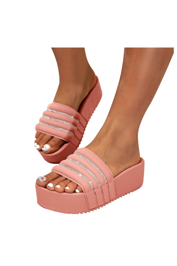 Womens Cloud Slides with Arch Support Pillow Soft Cushion Platform Sandals Shining Rhinestone Non Slip Rubber Open Toe Slippers Pink Size 6.5