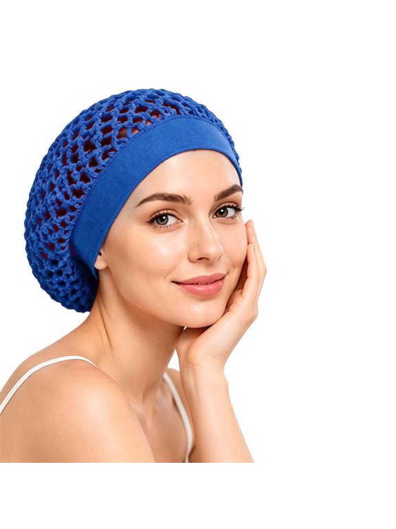 Womens Crochet Mesh Hair Snood Net Cap Wide Elastic Band Open Weave Bun Cover Head Covering under Scarf at Home or Sleep Blue
