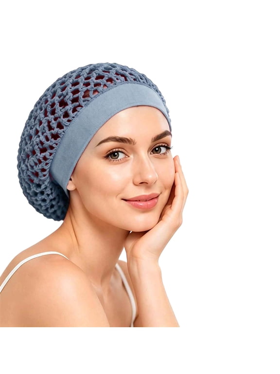 Womens Crochet Mesh Hair Snood Net Cap Wide Elastic Band Open Weave Bun Cover Head Covering under Scarf at Home or Sleep Gray