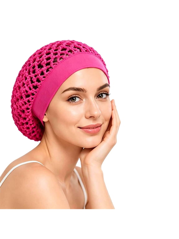 Womens Crochet Mesh Hair Snood Net Cap Wide Elastic Band Open Weave Bun Cover Head Covering under Scarf at Home or Sleep Hot Pink