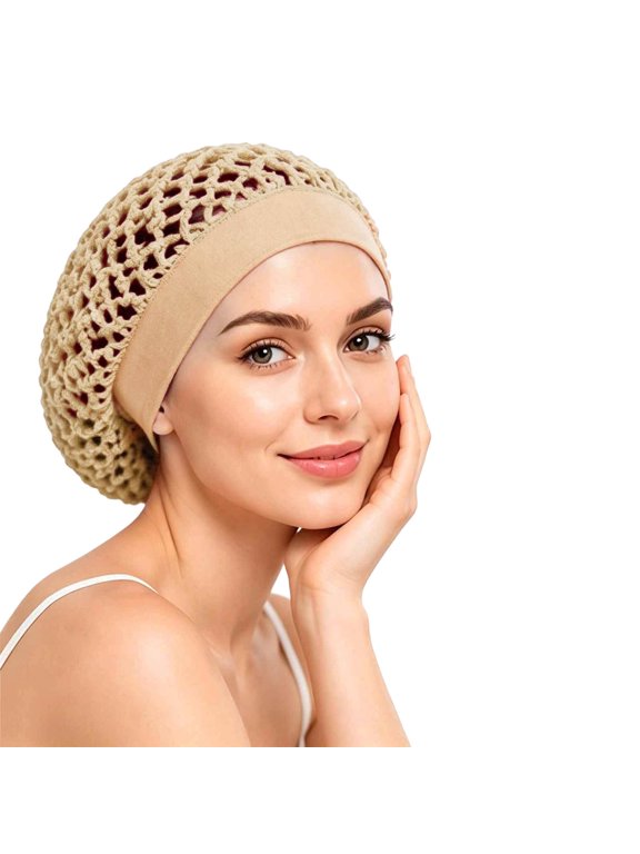 Womens Crochet Mesh Hair Snood Net Cap Wide Elastic Band Open Weave Bun Cover Head Covering under Scarf at Home or Sleep Rose Gold