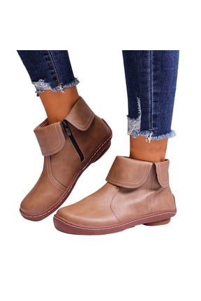 Womens Flat Fold Ankle Boots Side Zipper Retro Non Slip Sole Booties for Outdoor Shopping Travel Khaki Size 12