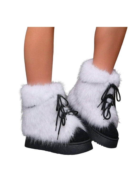 Women's Fuzzy Winter Ankle Boots Lace up Platform Non Slip Warm Snow Booties Casual Outdoor Cold Weather Fashion Footwear Black Size 7.5
