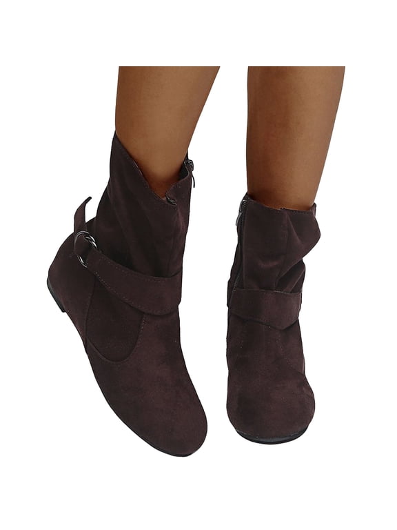 Womens Hidden Wedge Cuff Ankle Booties Suede Buckle Decor Flat Everyday Outdoor Fashion Short Boots Brown Size 6.5