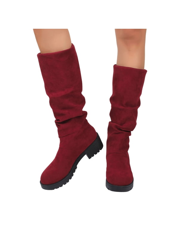 Womens Knee High Boots Suede Slouchy Shaft Lug Sole Chunky Heel Round Toe Pull on Platform Fall Winter Footwear Wine Size 8.5