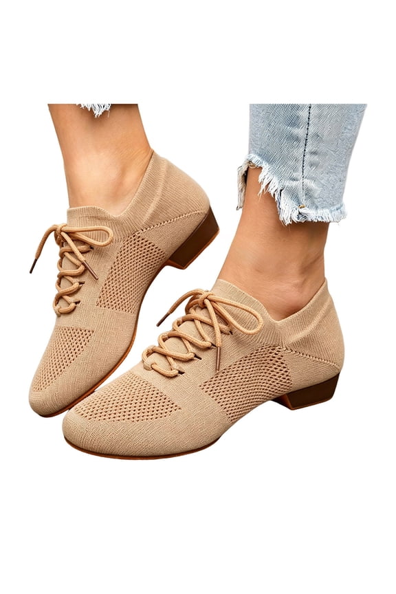 Womens Latin Dance Shoes Close Toe Beginner Ballroom Practice Low Heels Lace up Knit Mesh Tango Teaching Footwear Khaki Size 9