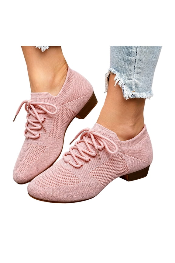 Womens Latin Dance Shoes Close Toe Beginner Ballroom Practice Low Heels Lace up Knit Mesh Tango Teaching Footwear Pink Size 7