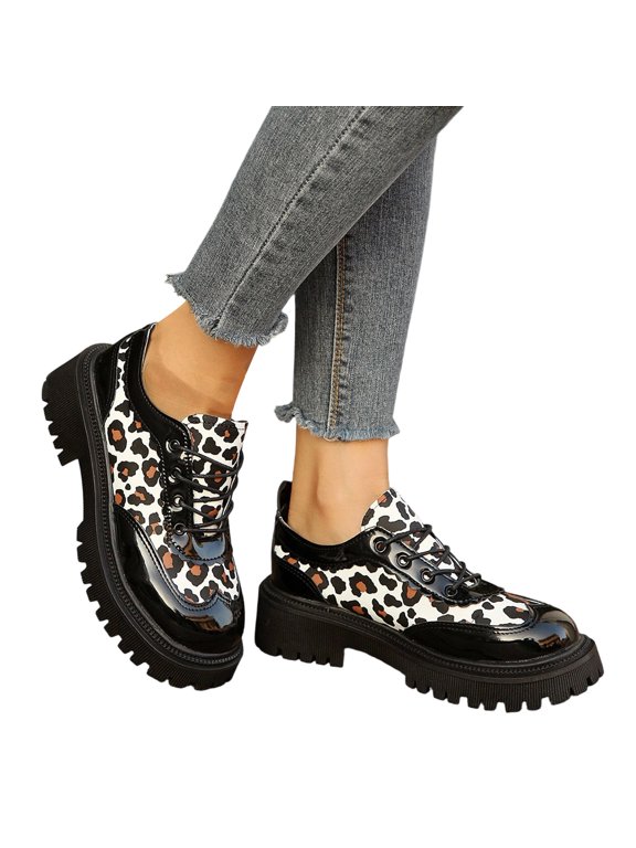 Womens Leopard Patent Lug Sole Sneakers Lace up Platform Chunky Heeled Fashion Shoes for Fall Casual White Size 9