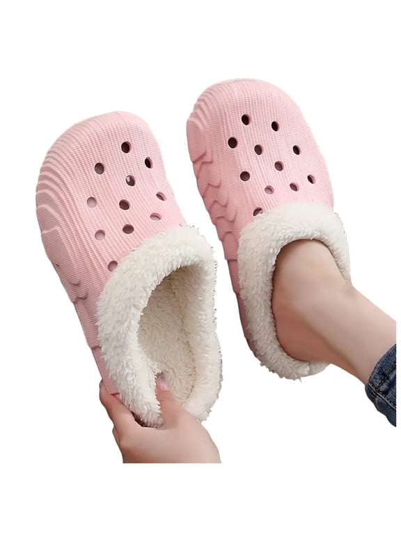 Womens Mens Plush Lined Clogs Unisex Warm Fuzzy Winter Slip on Slippers Comfortable Cushioned Mules Indoor Outdoor Garden Shoes Pink Size 10