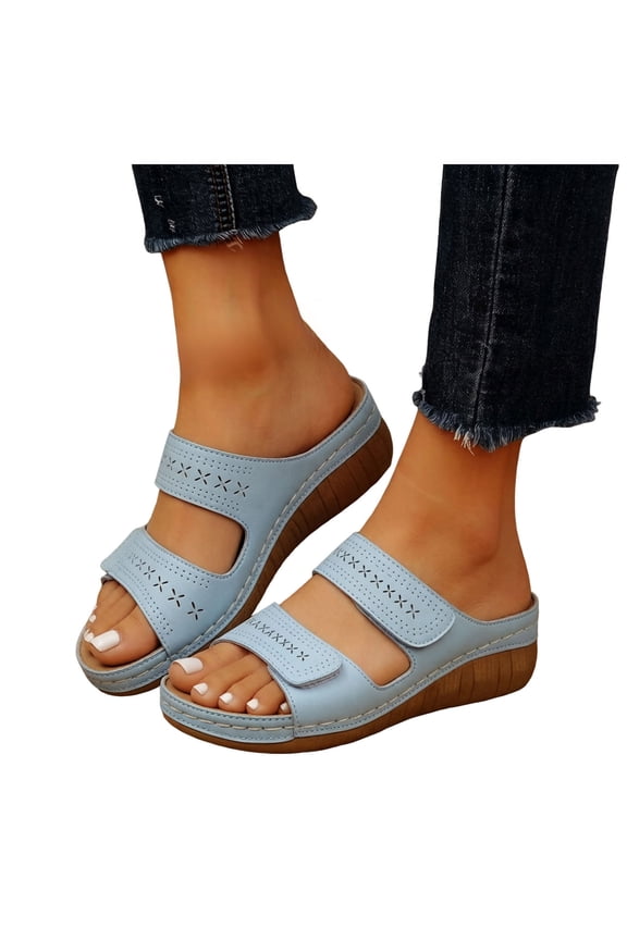 Womens Open Toe Wedge Sandals Double Adjustable Straps Orthopedic Arch Support Slip on Comfortable Walking Summer Slides Sky Blue Size 9