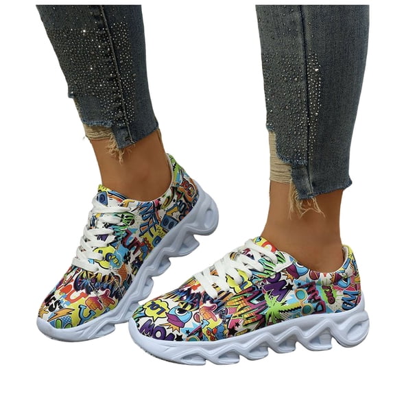 HEWUQI Womens Platform Slip on Animated Patterns Running Shoes Breathable Walking Lightweight Gym Workout Non Slip Fashion Sneakers Multicolour Size 9