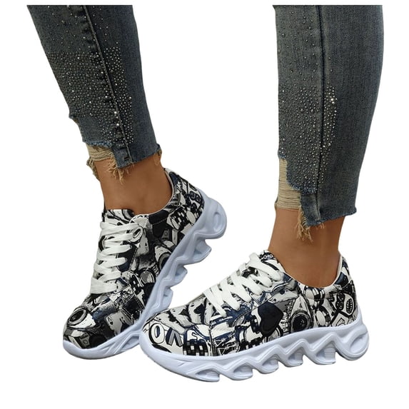 HEWUQI Womens Platform Slip on Animated Patterns Running Shoes Breathable Walking Lightweight Gym Workout Non Slip Fashion Sneakers Black Size 9.5