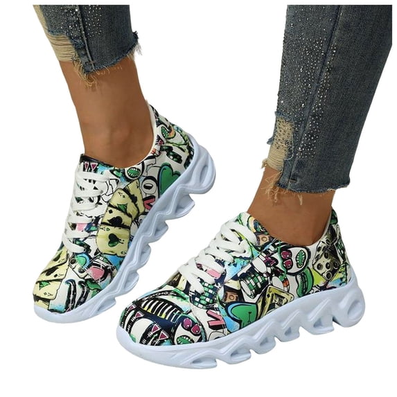 HEWUQI Womens Platform Slip on Animated Patterns Running Shoes Breathable Walking Lightweight Gym Workout Non Slip Fashion Sneakers Green Size 6