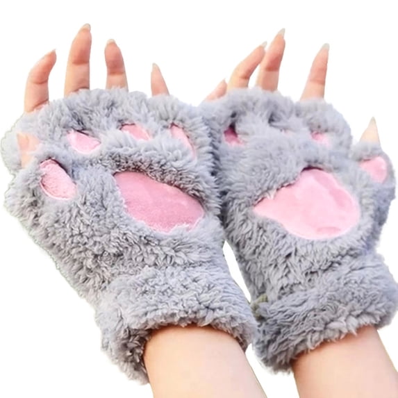 HEWUQI Womens Plush Paw Fingerless Gloves Soft Fuzzy Bear Claw Half Finger Hand Warmers Cute Winter Daily Gloves Gray