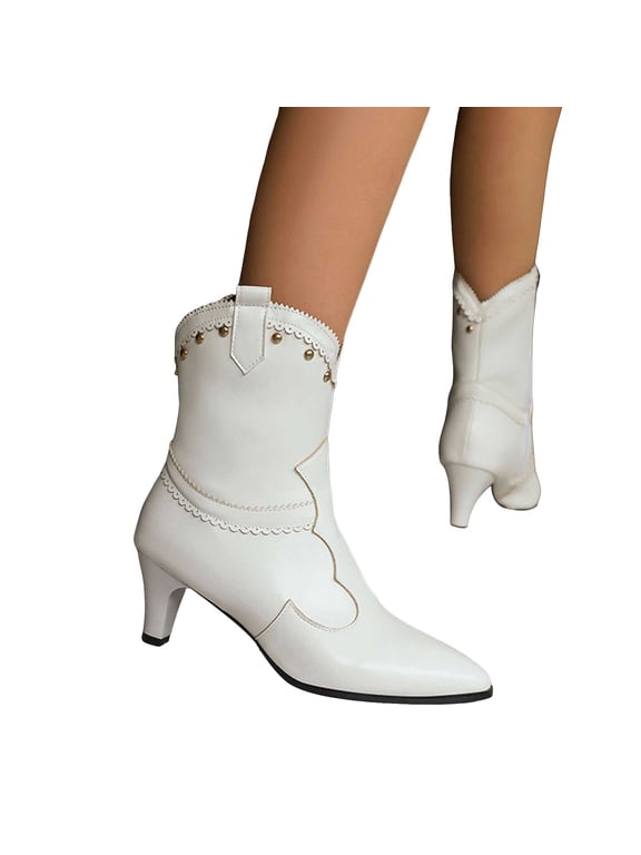 Womens Ruched Cuff Ankle Boots Pointed Toe Chunky Heels Pull on Elegant Party Casual Dress Short Booties White Size 5.5