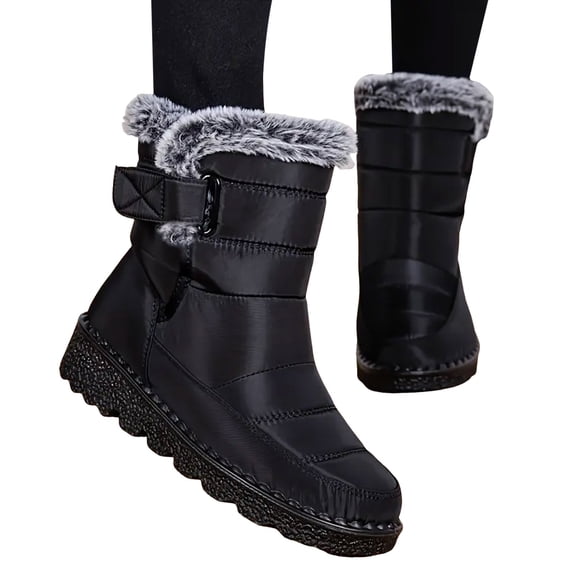 HEWUQI Womens Snow Boots Fuzzy Cuff Adjustable Strap Winter Shoes Warm Cold Weather Commute Snowy Daily Booties Black Size 11