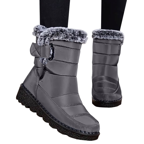HEWUQI Womens Snow Boots Fuzzy Cuff Adjustable Strap Winter Shoes Warm Cold Weather Commute Snowy Daily Booties Gray Size 10
