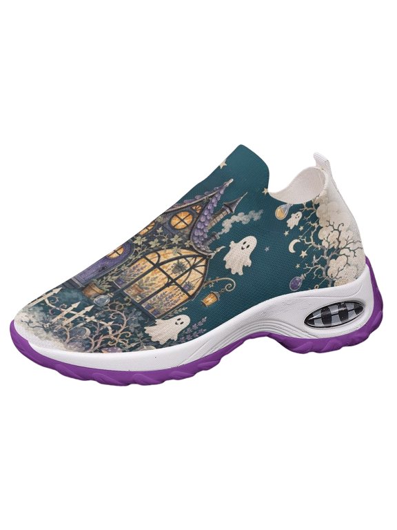 Womens Walking Running Shoes Halloween Print Air Cushion Tennis Slip on Fashion Breathable Sport Gym Trainers Sneakers Blue Size 6