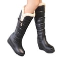 thumbnail image 1 of HEWUQI Womens Winter Knee High Boots Quilted Plush Lining and Cuff Buckle Strap Booties Side Zipper Hidden Wedge Platform Snow Shoes Black Size 7, 1 of 6