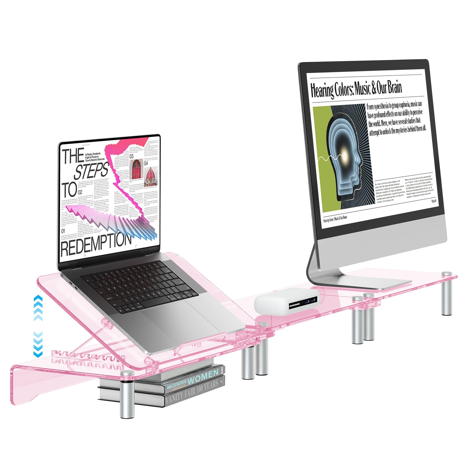 HEWYIOS Pink Acrylic Dual Monitor Stand for Desk,Adjustable Laptop ...