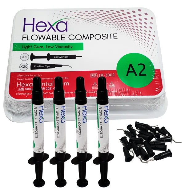 HEXA Light-Cure Flowable Composite – A2 Shade, 4 Syringes (2g Each) with Applicator Tips
