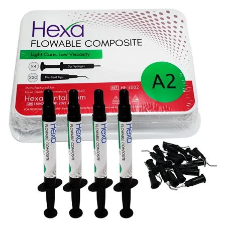 HEXA Light-Cure Flowable Composite – A2 Shade, 4 Syringes (2g Each) with Applicator Tips