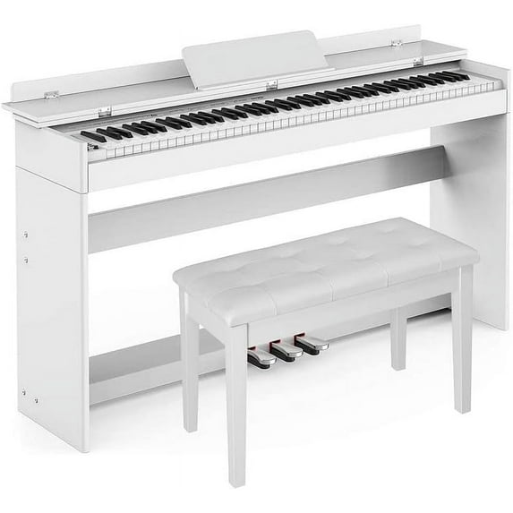 HEXANT 88-Key Weighted Digital Piano, Full-Size Semi-Weighted Upright Flip Electric Keyboard Piano with 3 Pedal and Multi-Functional Keyboard for Beginner(with Bench,White)