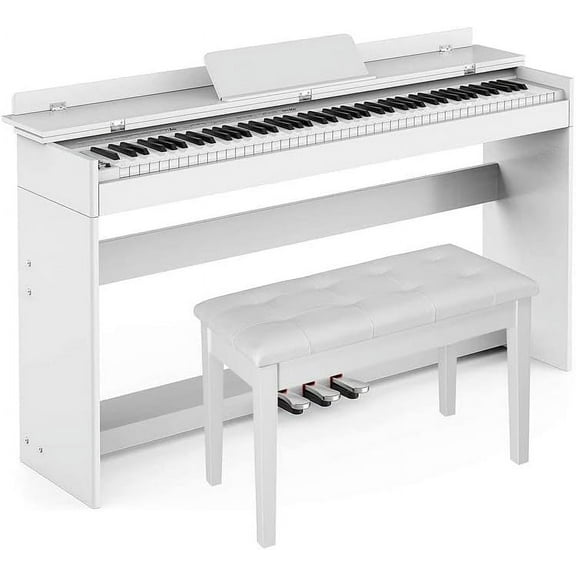 HEXANT 88-Key Weighted Digital Piano, Full-Size Semi-Weighted Upright Flip Electric Keyboard Piano with 3 Pedal and Multi-Functional Keyboard for Beginner(with Bench,White)