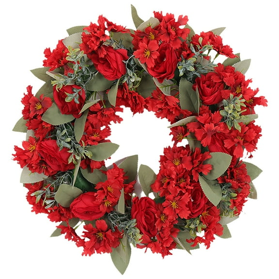 HEXBOOYOO Fall Wreaths Red Rose Red Chrysanthemum Wreath for Spring or Summer Front Door Decor in 15.7 Inch Diameter Round Shape - 2025 New Arrival🔥