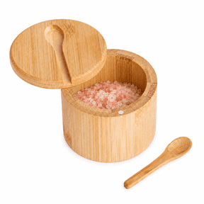 Bamboo Salt Box with Spoon, Salt cellar Salt keeper Spice Storage Box Condiment Pot Sugar Bowl with Swivel Magnetic Lid, Kitchen Spice Cellars Container for Salt, Pepper, Seasonings, Spice