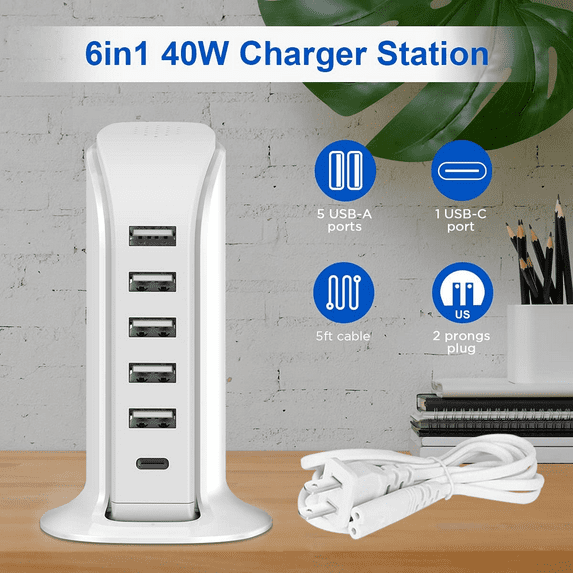 Charging Station For Multiple Devices 40W , Wall Charger Block 5 USB Ports(Shared 6A), Tower Charging Station with Type-C 3A for iPhone iPad Tablets Smartphones, Home Office Use, Travel Accessories
